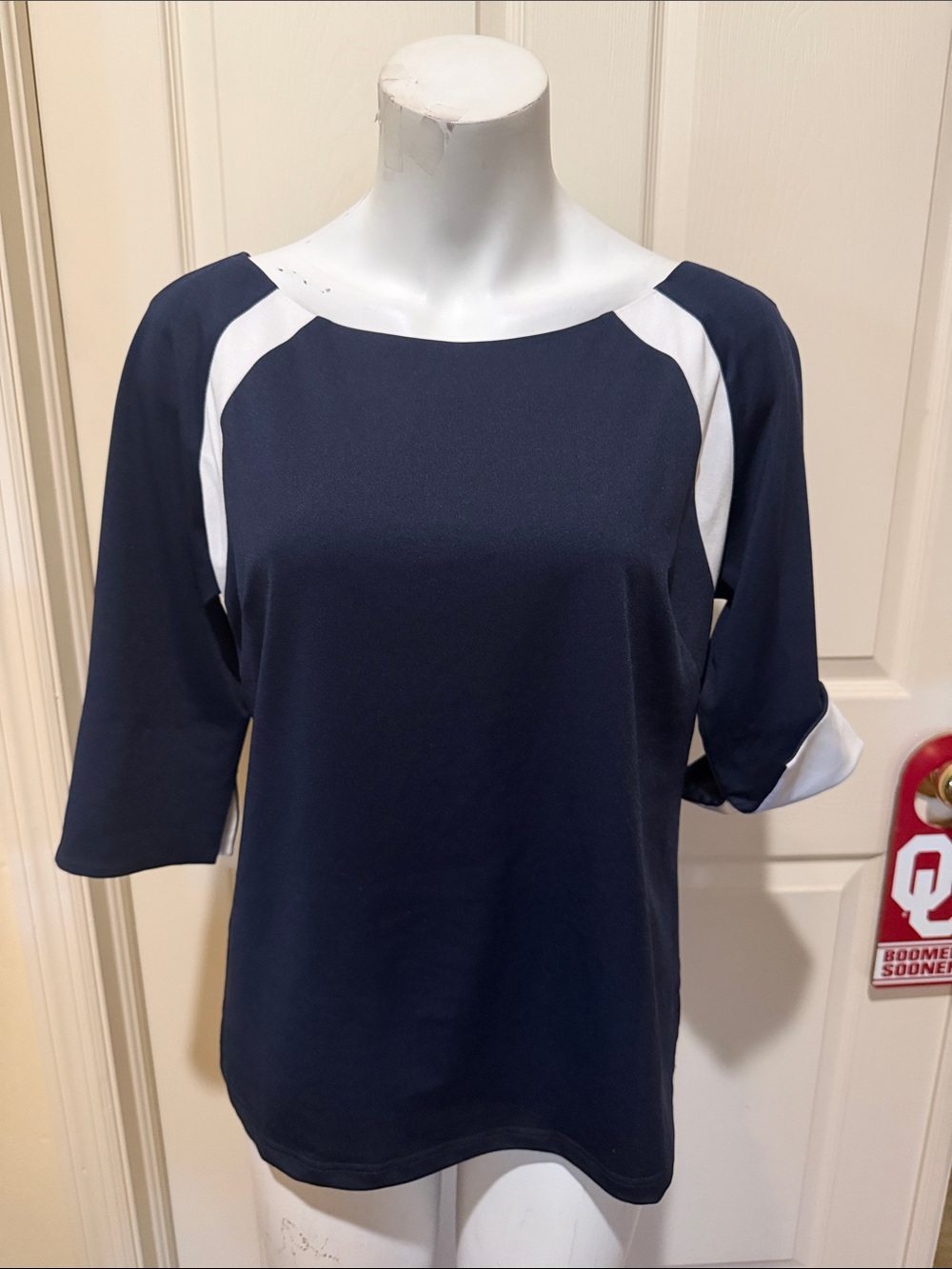 Gretchen Scott Designs Navy and White Colorblock Boatneck Blouse